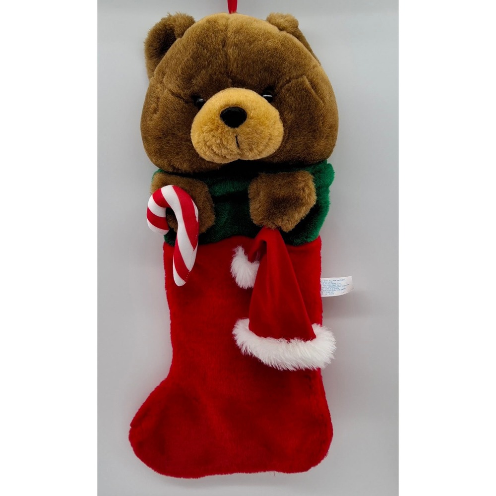 Vtg Dan Dee Teddy Bear Christmas Stocking Brown 3D Stuffed Plush 22" Santa